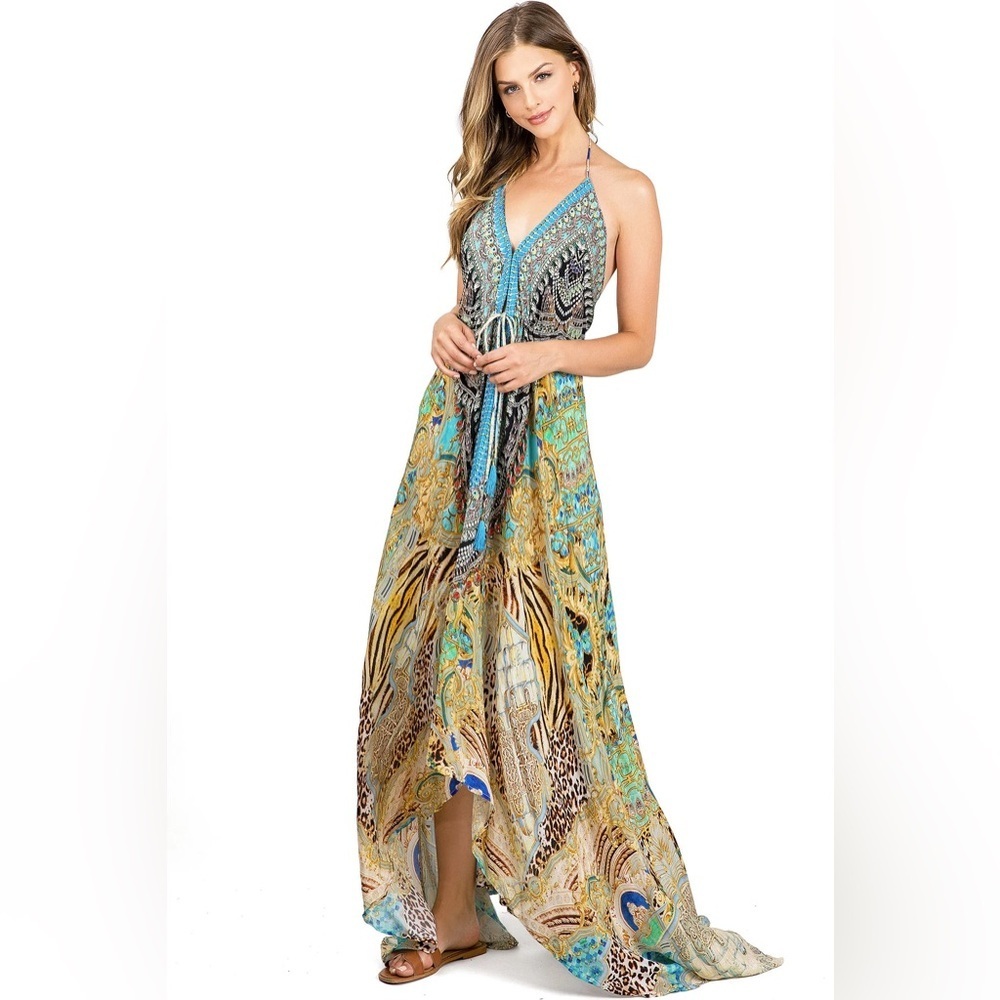 Bejeweled Tropical Maxi Dress Hi-Low Resort Cruise Love Island Boho Vaca Cruise - Picture 3 of 16